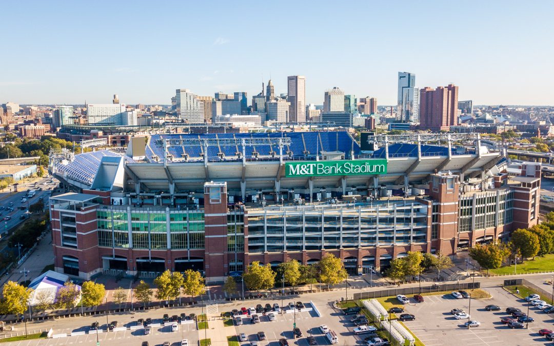 M&T Bank Stadium Transportation Aerial view of M&T Bank Stadium with a city skyline in the background on a clear day.